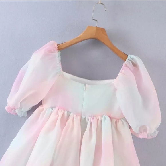 Babydoll Rainbow Tie Dye Puff Sleeve Mini Dress - Picture 6 of 14